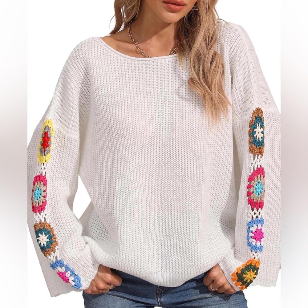 White Crochet-Sleeve Knit Sweater with Multicolor Floral Accents